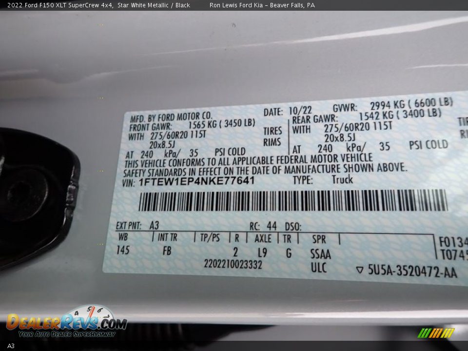 Ford Color Code A3 Star White Metallic