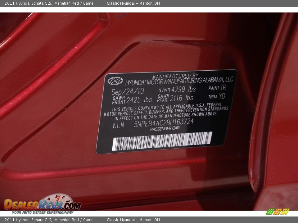 2011 Hyundai Sonata GLS Venetian Red / Camel Photo #20