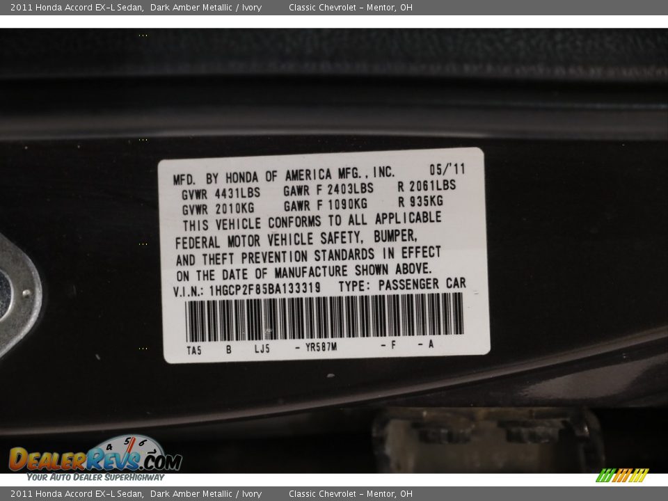 2011 Honda Accord EX-L Sedan Dark Amber Metallic / Ivory Photo #19