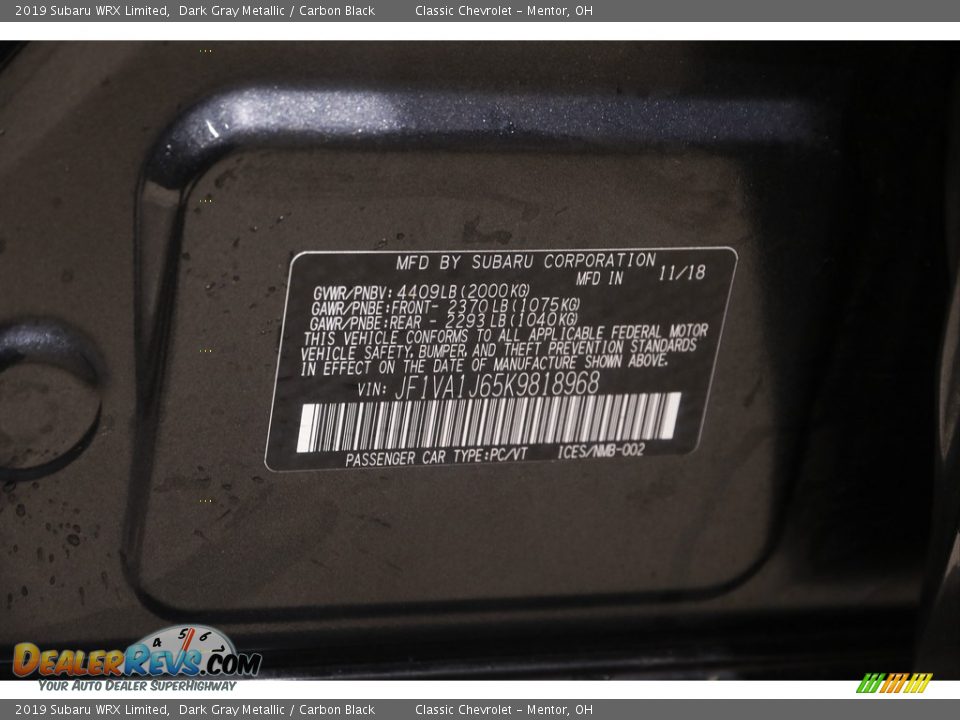 2019 Subaru WRX Limited Dark Gray Metallic / Carbon Black Photo #29