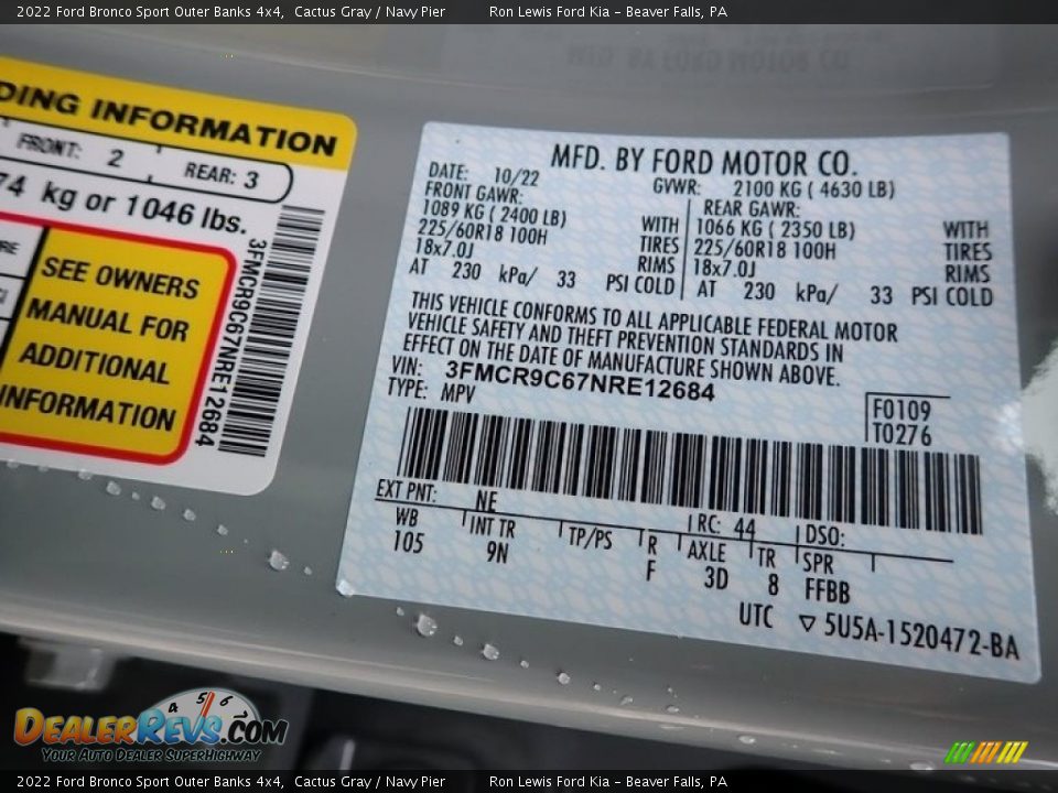 2022 Ford Bronco Sport Outer Banks 4x4 Cactus Gray / Navy Pier Photo #20