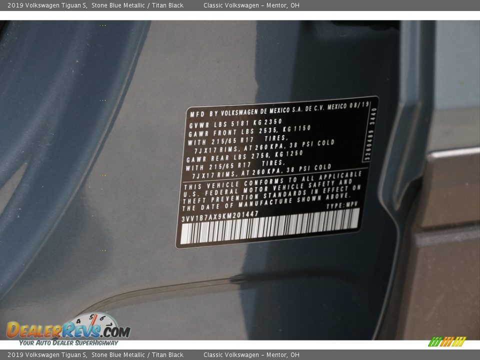 2019 Volkswagen Tiguan S Stone Blue Metallic / Titan Black Photo #19