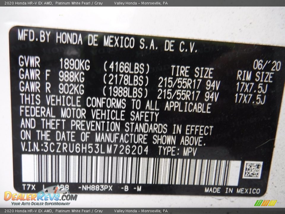 2020 Honda HR-V EX AWD Platinum White Pearl / Gray Photo #27