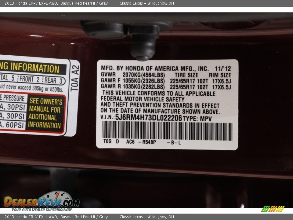 2013 Honda CR-V EX-L AWD Basque Red Pearl II / Gray Photo #25