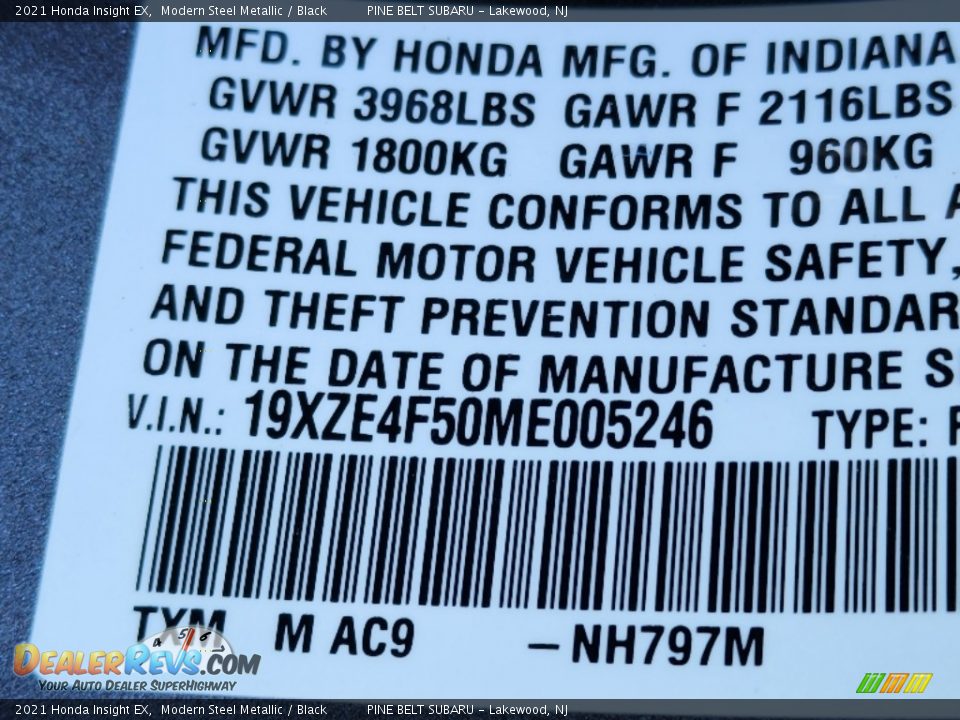 2021 Honda Insight EX Modern Steel Metallic / Black Photo #36