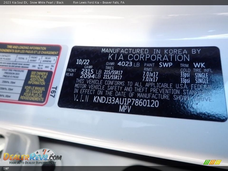 Kia Color Code SWP Snow White Pearl