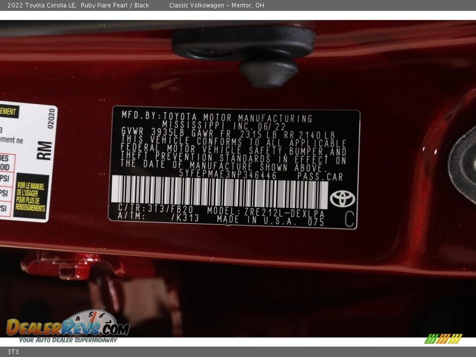 Toyota Color Code 3T3 Ruby Flare Pearl