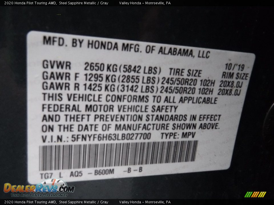 2020 Honda Pilot Touring AWD Steel Sapphire Metallic / Gray Photo #34