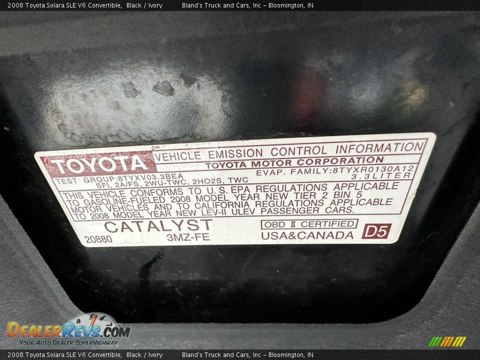 2008 Toyota Solara SLE V6 Convertible Black / Ivory Photo #32