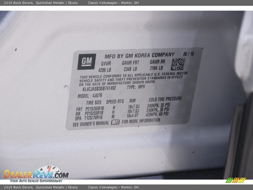 2016 Buick Encore Quicksilver Metallic / Ebony Photo #21