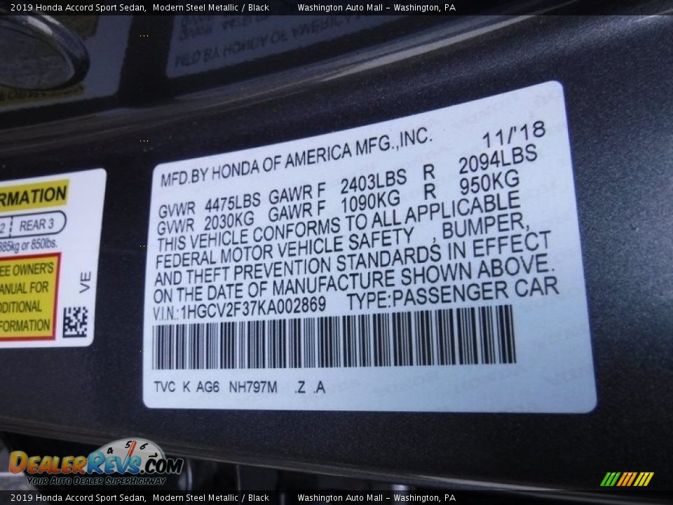 2019 Honda Accord Sport Sedan Modern Steel Metallic / Black Photo #34