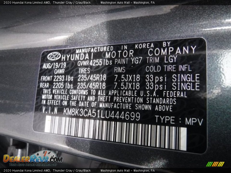 2020 Hyundai Kona Limited AWD Thunder Gray / Gray/Black Photo #34