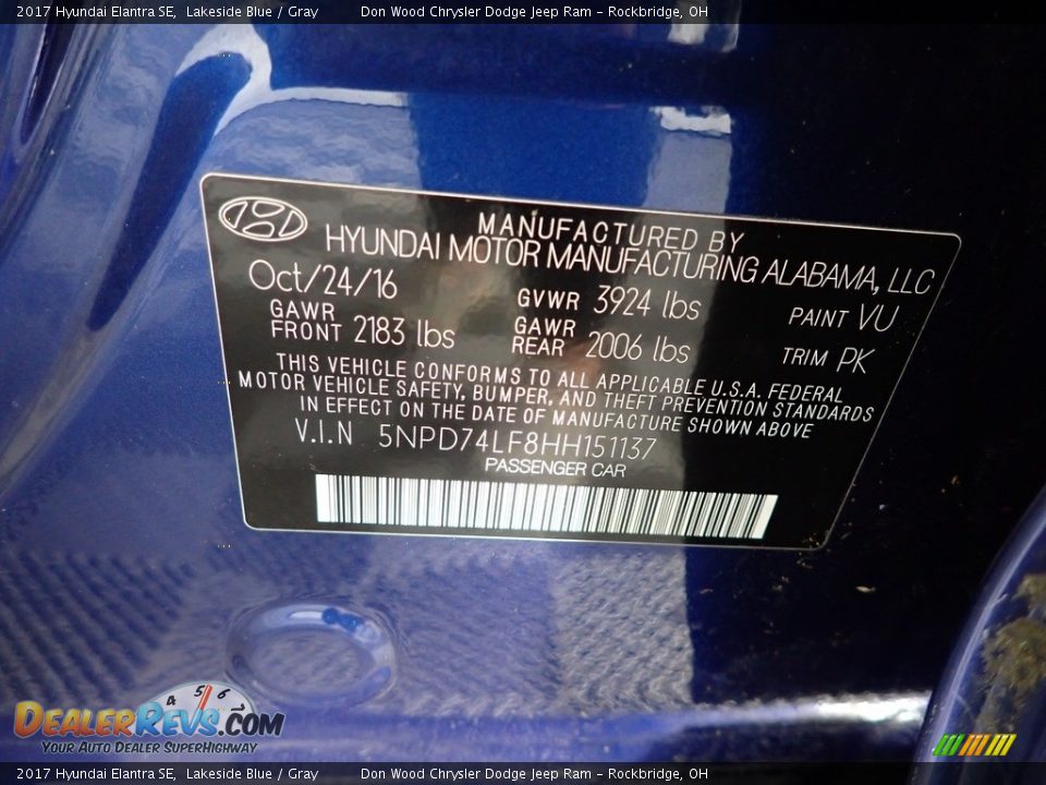 2017 Hyundai Elantra SE Lakeside Blue / Gray Photo #29