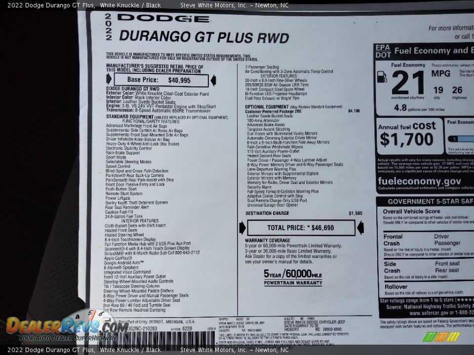 2022 Dodge Durango GT Plus Window Sticker Photo #30