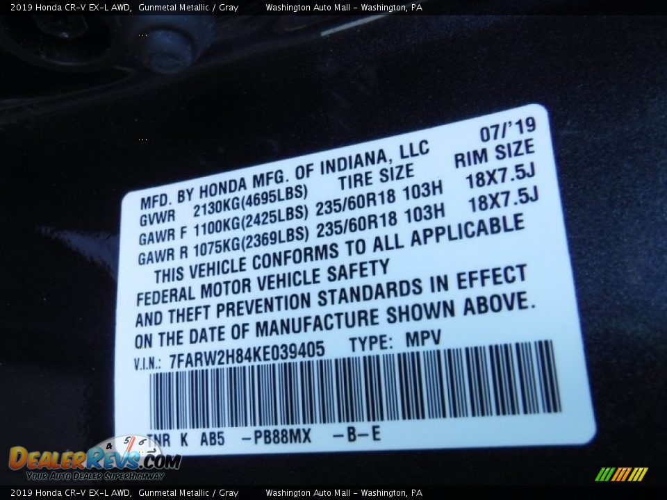 2019 Honda CR-V EX-L AWD Gunmetal Metallic / Gray Photo #34