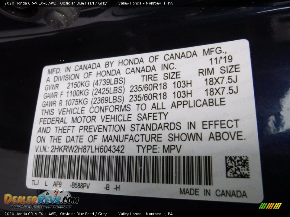 2020 Honda CR-V EX-L AWD Obsidian Blue Pearl / Gray Photo #33