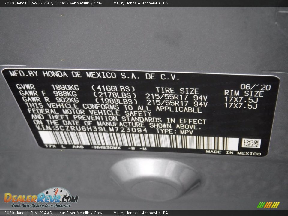 2020 Honda HR-V LX AWD Lunar Silver Metallic / Gray Photo #27