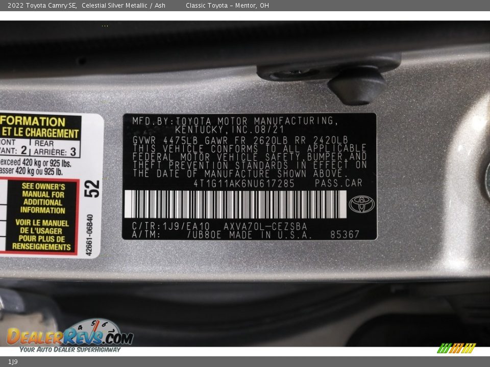 Toyota Color Code 1J9 Celestial Silver Metallic