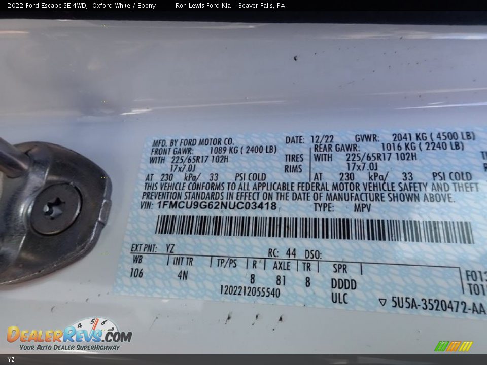 Ford Color Code YZ Oxford White