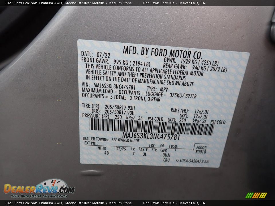 2022 Ford EcoSport Titanium 4WD Moondust Silver Metallic / Medium Stone Photo #20