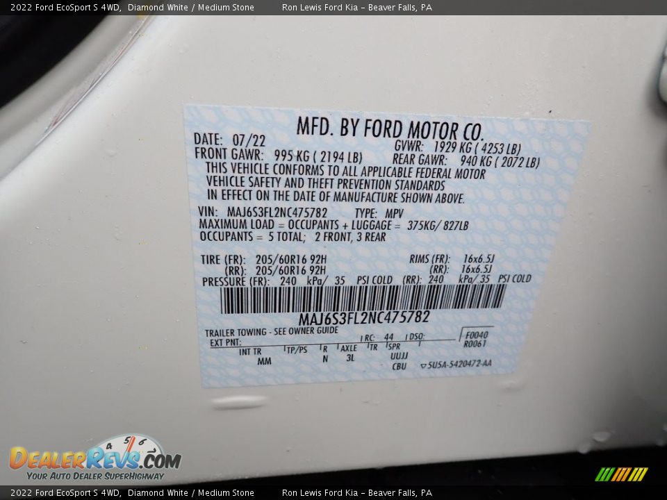 2022 Ford EcoSport S 4WD Diamond White / Medium Stone Photo #20