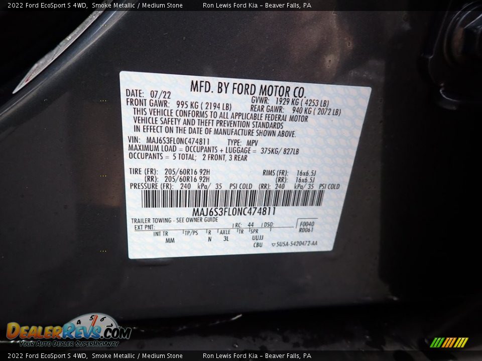 2022 Ford EcoSport S 4WD Smoke Metallic / Medium Stone Photo #20