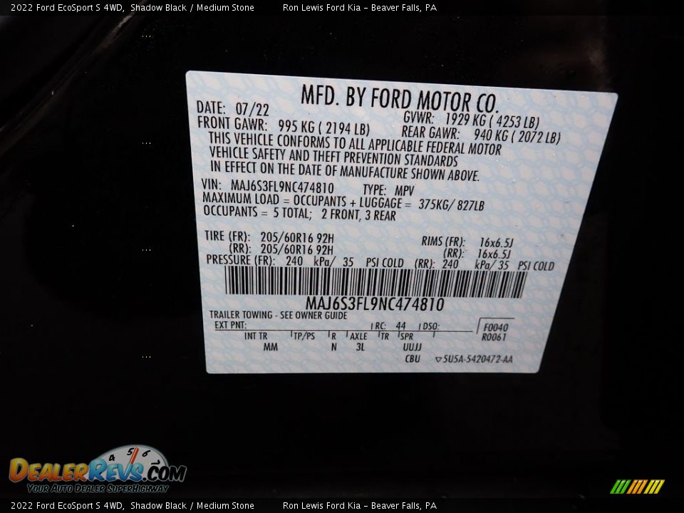 2022 Ford EcoSport S 4WD Shadow Black / Medium Stone Photo #20