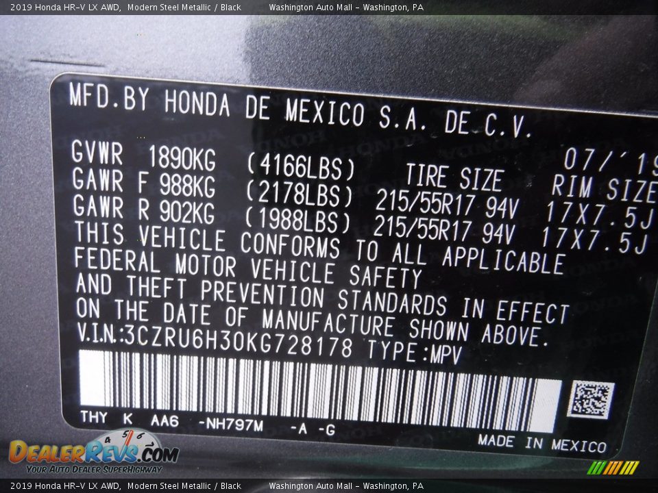 2019 Honda HR-V LX AWD Modern Steel Metallic / Black Photo #24