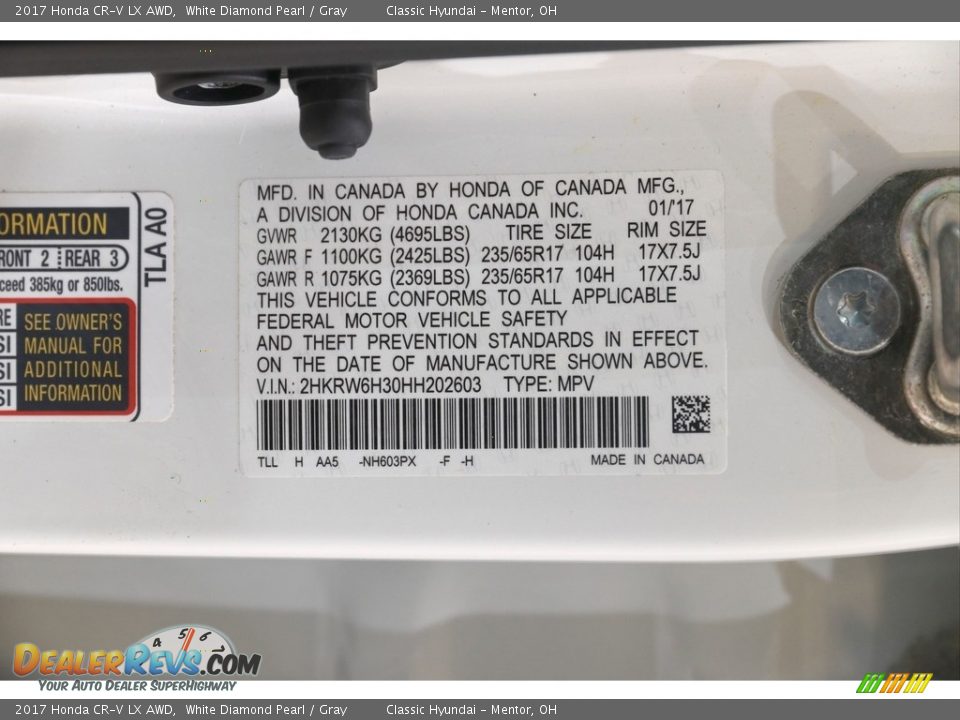 2017 Honda CR-V LX AWD White Diamond Pearl / Gray Photo #21