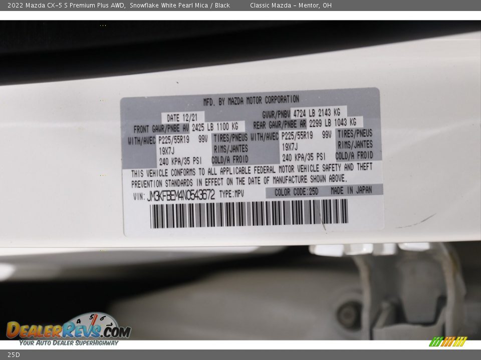 Mazda Color Code 25D Snowflake White Pearl Mica