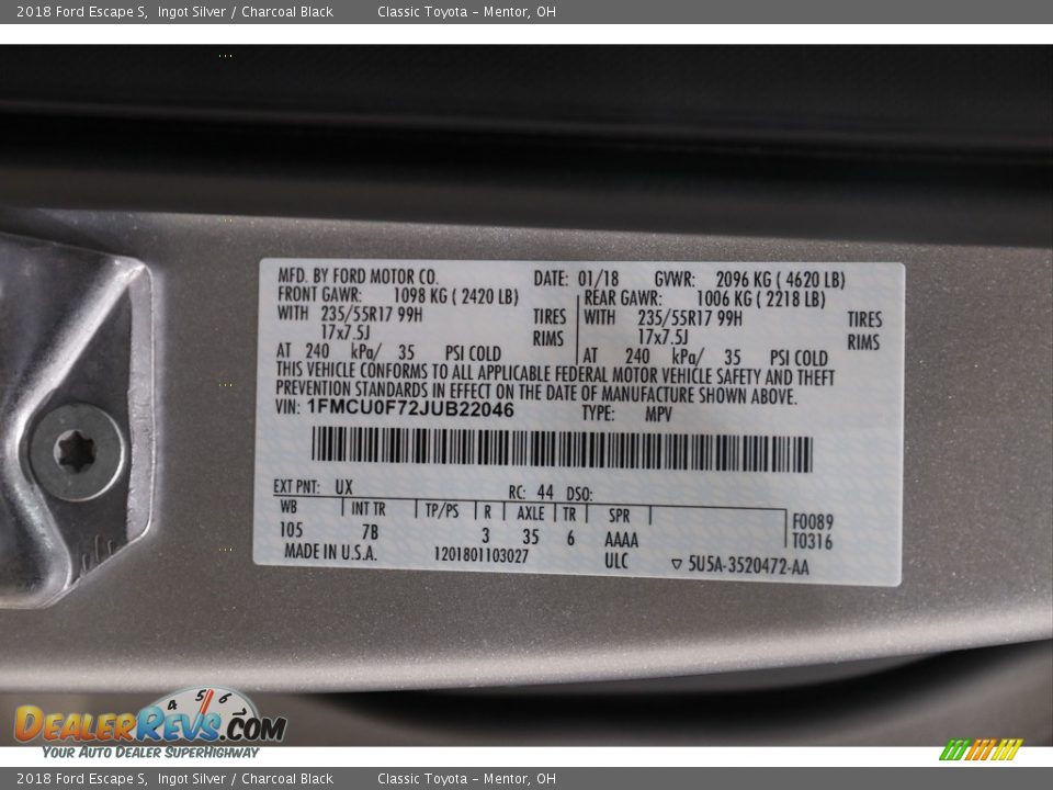 2018 Ford Escape S Ingot Silver / Charcoal Black Photo #21