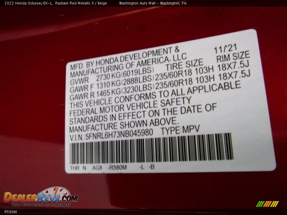 Honda Color Code R580M Radiant Red Metallic II