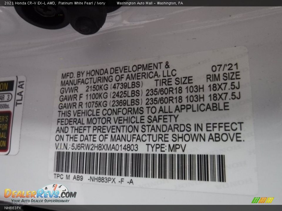 Honda Color Code NH883PX Platinum White Pearl