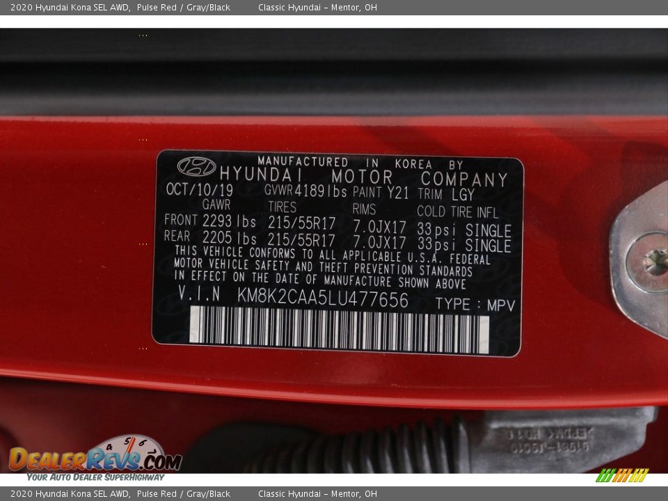 2020 Hyundai Kona SEL AWD Pulse Red / Gray/Black Photo #21