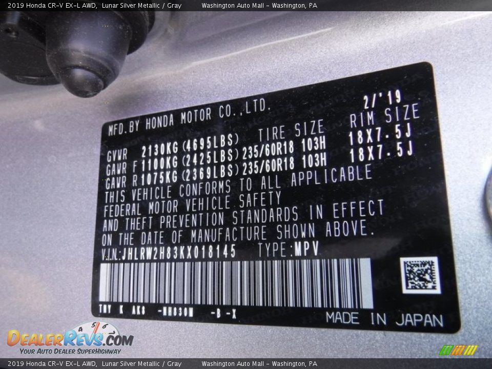 2019 Honda CR-V EX-L AWD Lunar Silver Metallic / Gray Photo #34