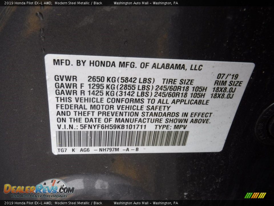 2019 Honda Pilot EX-L AWD Modern Steel Metallic / Black Photo #36