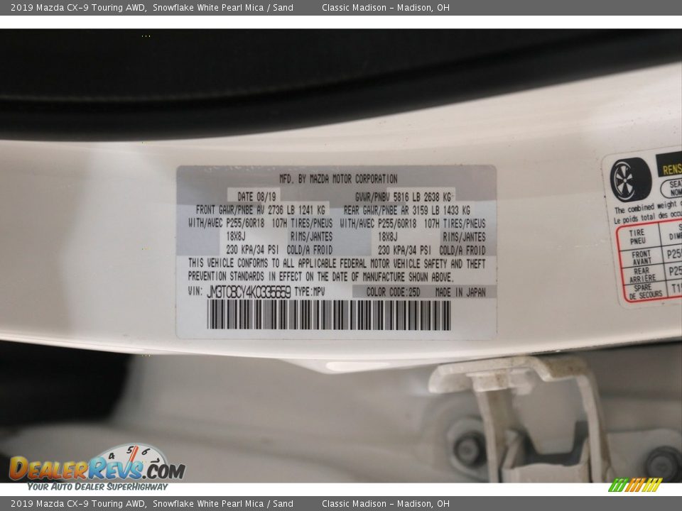 2019 Mazda CX-9 Touring AWD Snowflake White Pearl Mica / Sand Photo #23