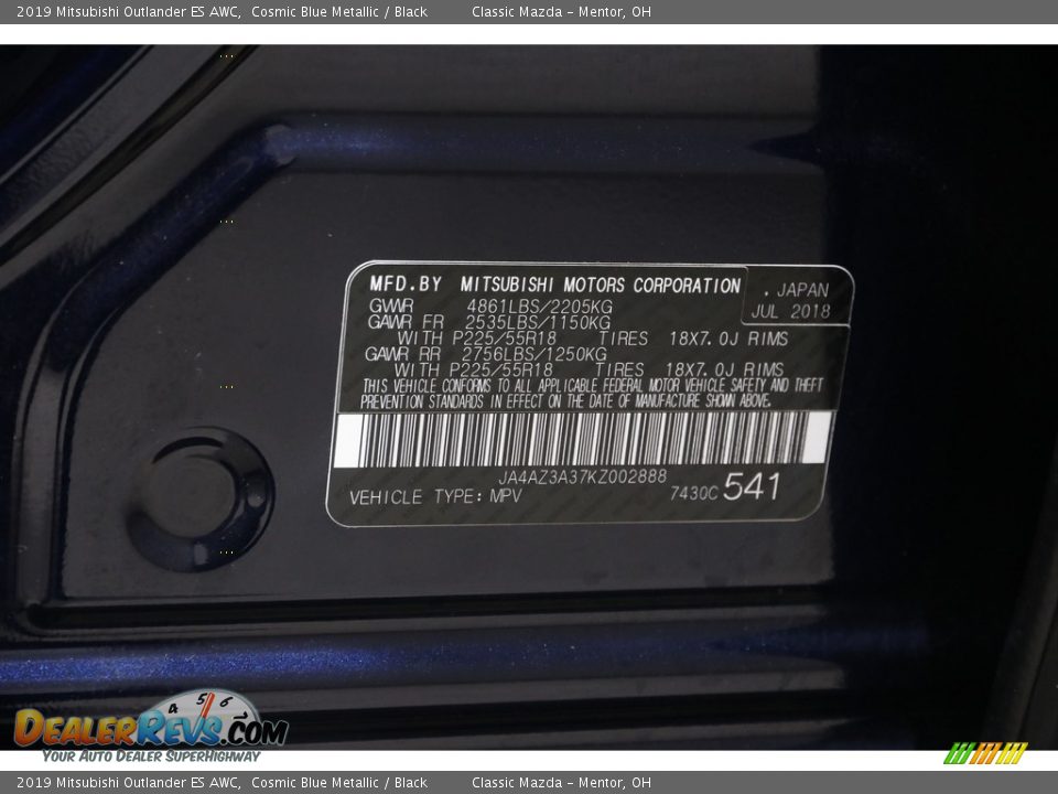 2019 Mitsubishi Outlander ES AWC Cosmic Blue Metallic / Black Photo #23