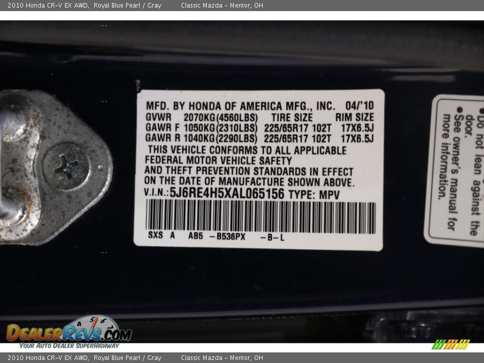 2010 Honda CR-V EX AWD Royal Blue Pearl / Gray Photo #17