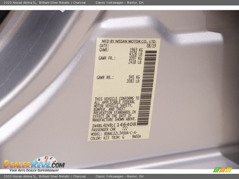 2020 Nissan Altima SL Brilliant Silver Metallic / Charcoal Photo #22