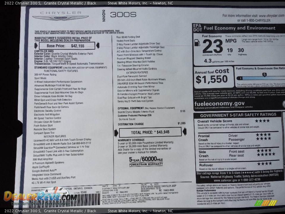 2022 Chrysler 300 S Window Sticker Photo #33