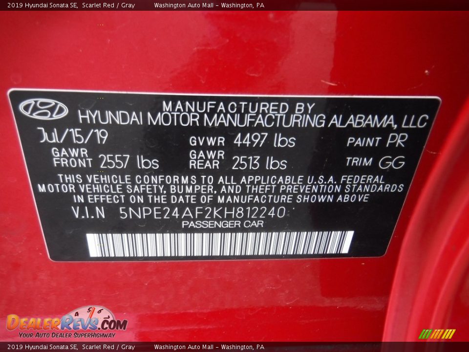 2019 Hyundai Sonata SE Scarlet Red / Gray Photo #31