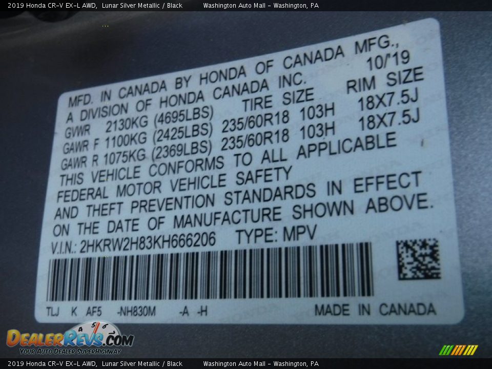 2019 Honda CR-V EX-L AWD Lunar Silver Metallic / Black Photo #36
