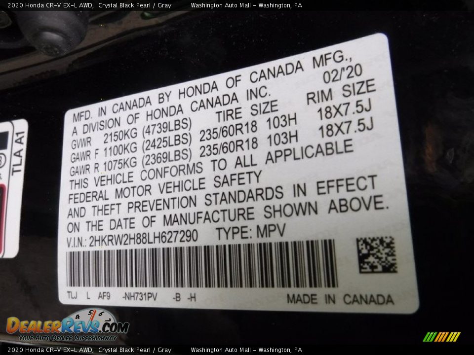 2020 Honda CR-V EX-L AWD Crystal Black Pearl / Gray Photo #29