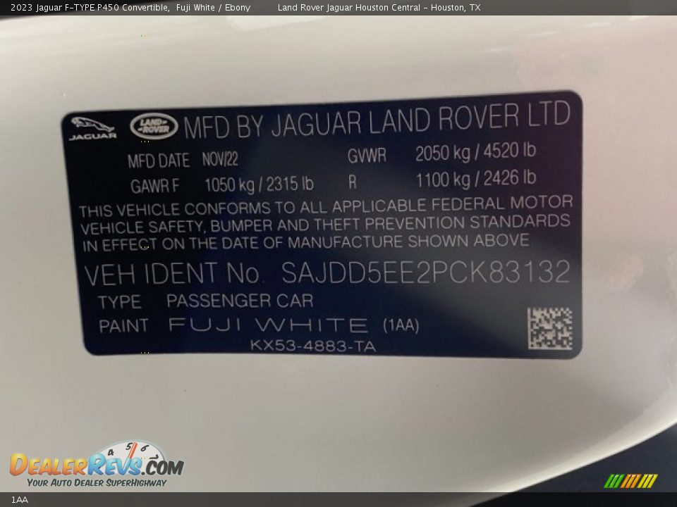 Jaguar Color Code 1AA Fuji White