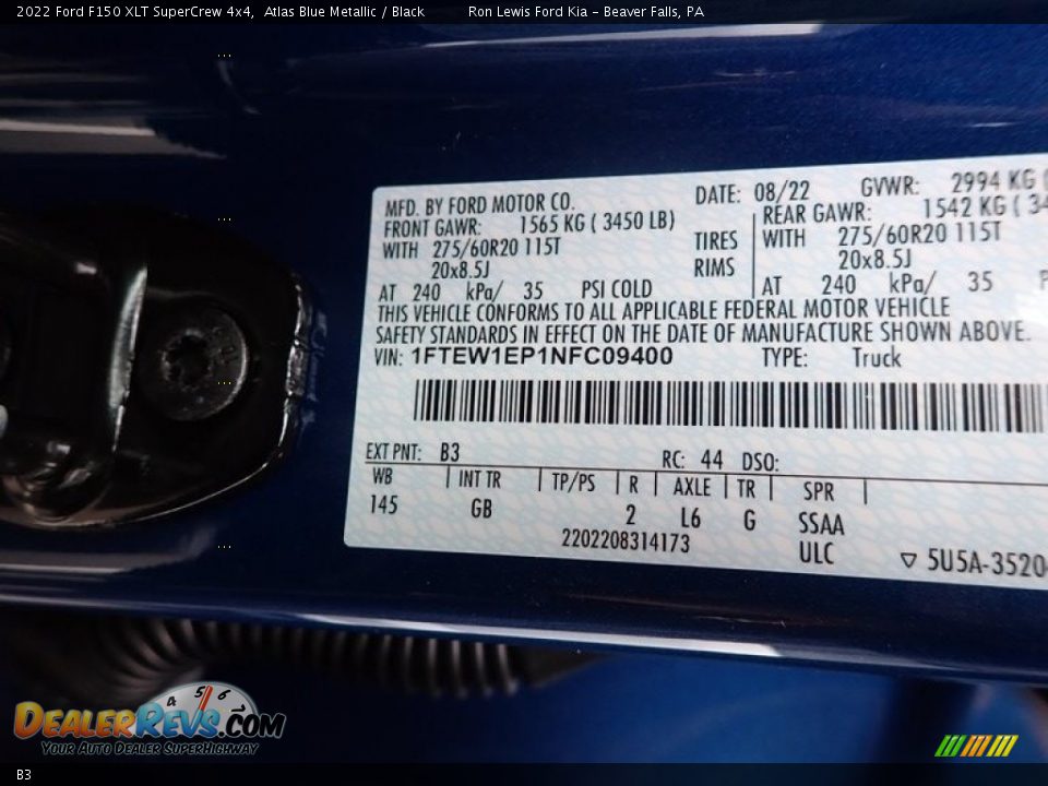 Ford Color Code B3 Atlas Blue Metallic