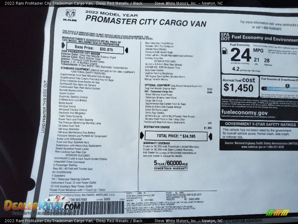 2022 Ram ProMaster City Tradesman Cargo Van Window Sticker Photo #25