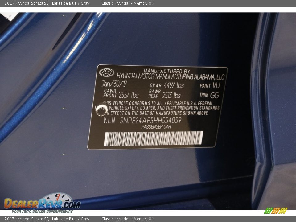 2017 Hyundai Sonata SE Lakeside Blue / Gray Photo #20