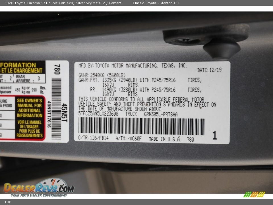 Toyota Color Code 1D6 Silver Sky Metallic