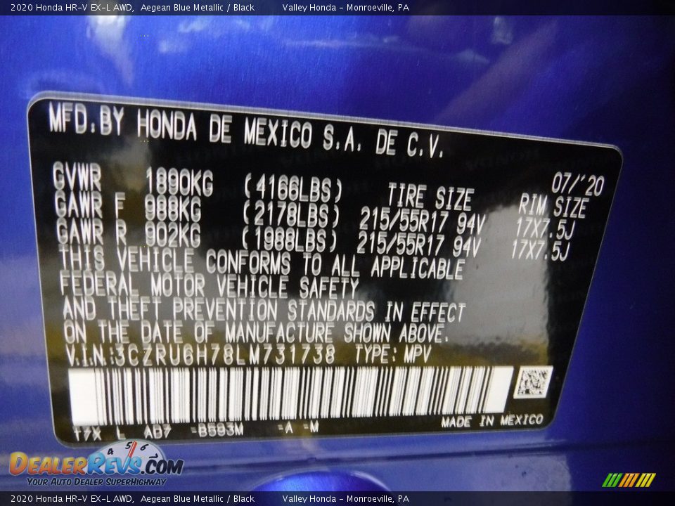 2020 Honda HR-V EX-L AWD Aegean Blue Metallic / Black Photo #32